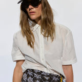 White Silk Jacquard Short Sleeve Button Down Shirt - Zandra Stone