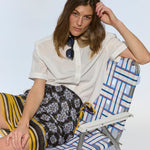 White Silk Jacquard Short Sleeve Button Down Shirt - Zandra Stone