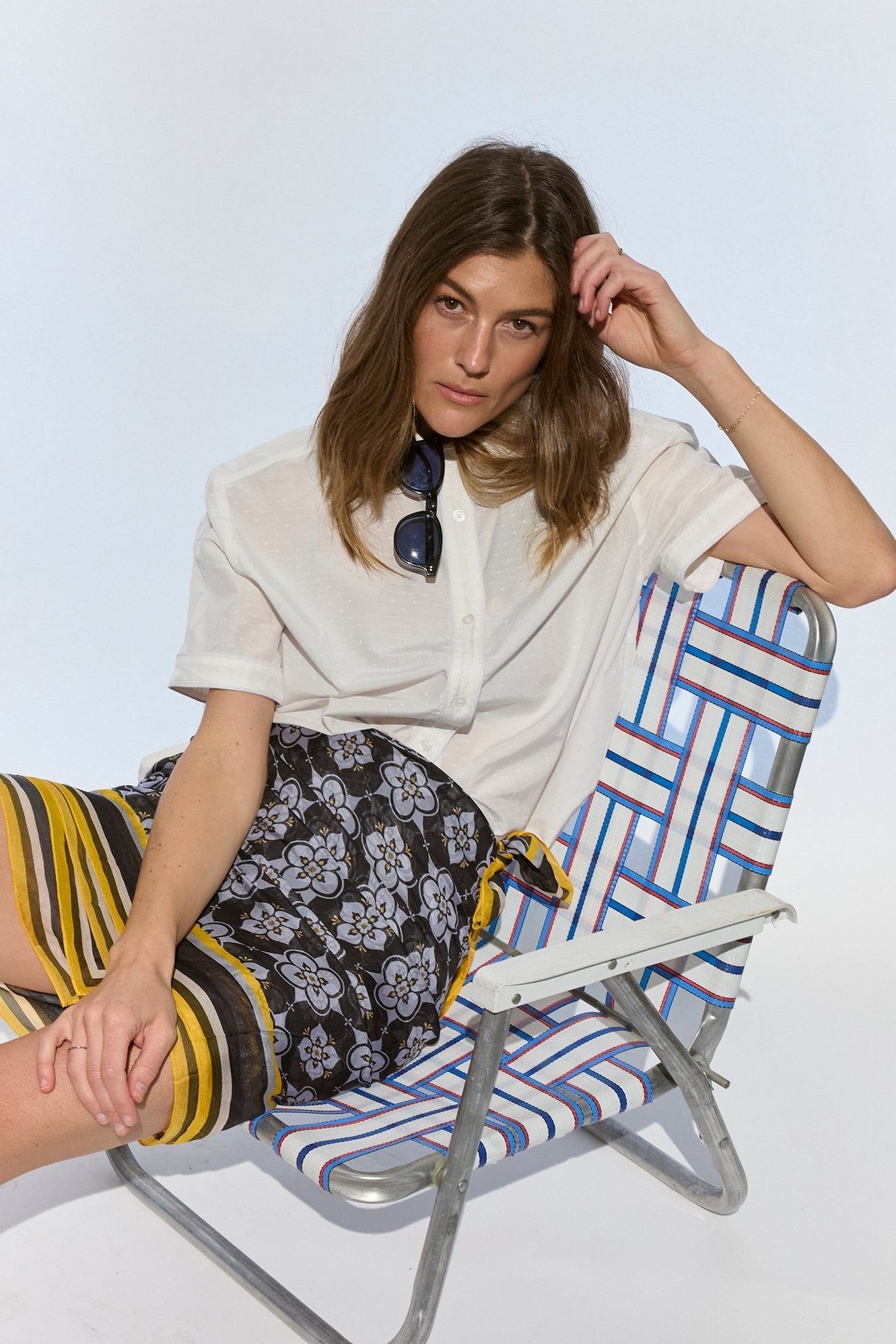White Silk Jacquard Short Sleeve Button Down Shirt - Zandra Stone